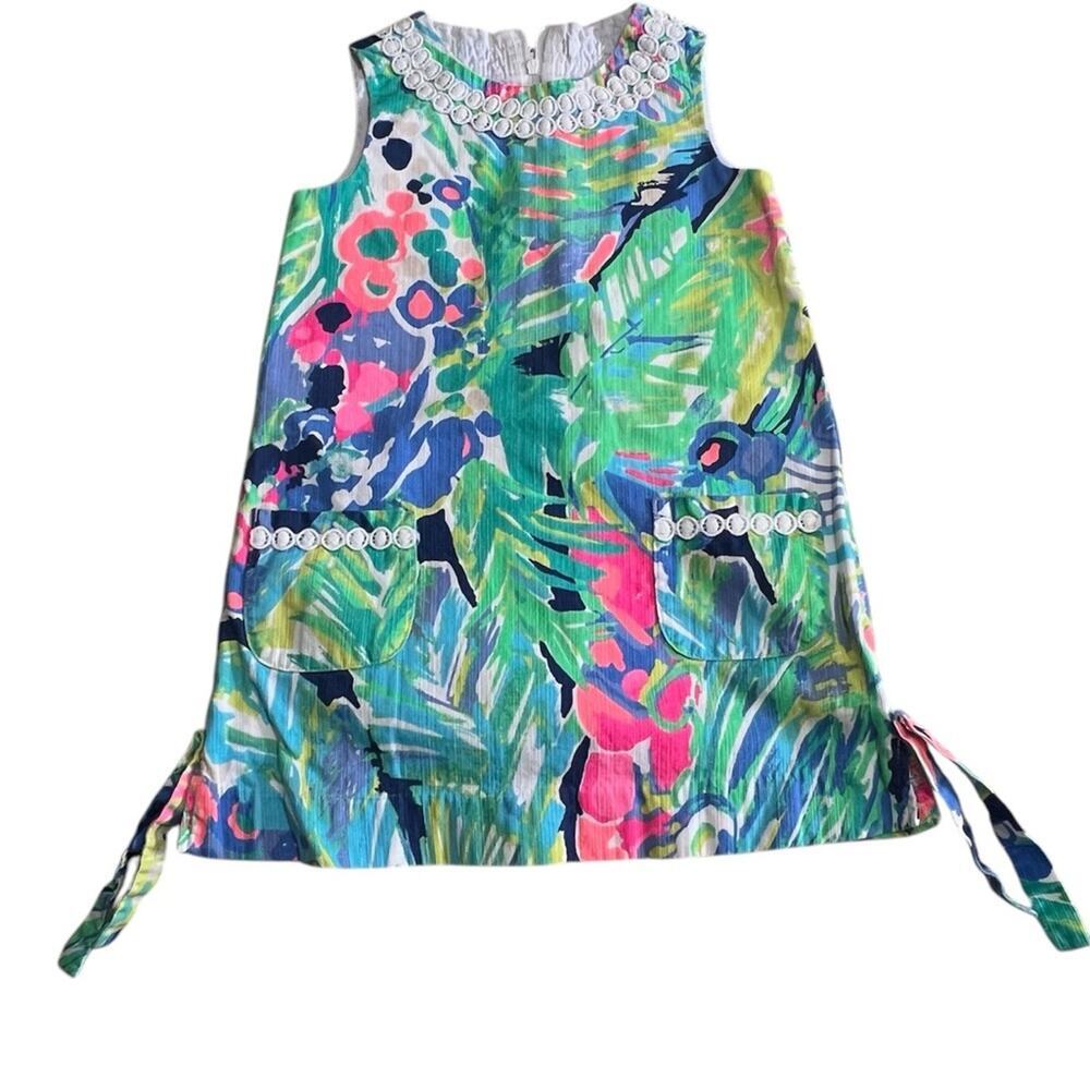 Lilly Pulitzer Girls Size 4 Tropical Print Shift Dress With Embellished Details